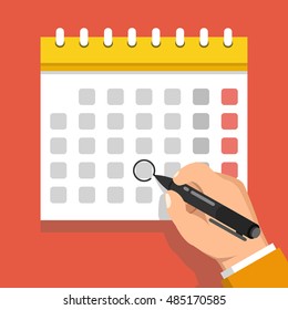 Calendar on the wall and hand marking one day on it. Flat vector illustration.