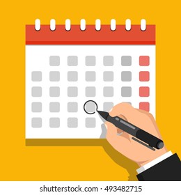 Calendar on the wall and hand marking one day on it. Flat vector illustration.