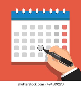 Calendar on the wall and hand marking one day on it. Flat vector illustration.