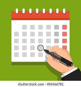 Calendar on the wall and hand marking one day on it. Flat vector illustration.