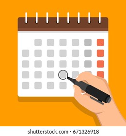 Calendar on the wall and hand marking one day on it. Flat cartoon style. Vector illustration.