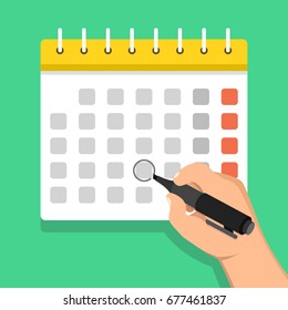 Calendar on the wall and hand marking one day on it. Flat cartoon style. Vector illustration.