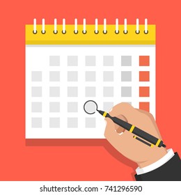 Calendar on the wall and hand marking one day on it. Vector illustration.