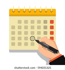 Calendar on the wall and hand with pen mark calendar. Flat vector illustration.