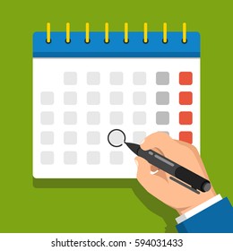 Calendar on the wall and hand with pen mark calendar. Flat vector illustration.