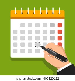 Calendar on the wall and hand with pen mark calendar. Flat vector illustration.