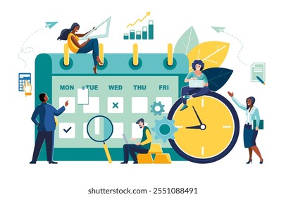 Calendar on which people make business notes, a blue clock.Business presentation, businessmen Europeans and African-Americans, girls, workers. Team work self-employed. Green design Vector illustration