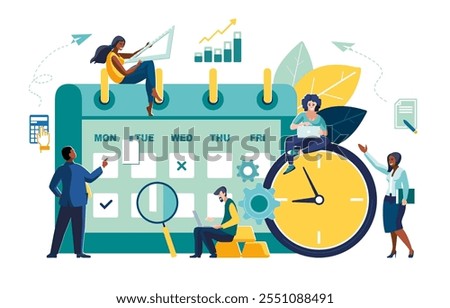 Calendar on which people make business notes, a blue clock.Business presentation, businessmen Europeans and African-Americans, girls, workers. Team work self-employed. Green design Vector illustration
