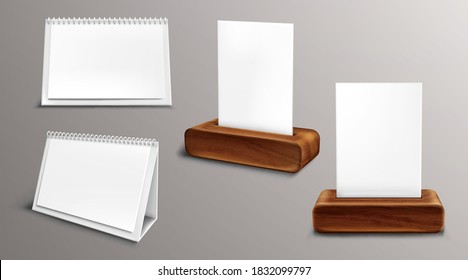 Calendar on wooden base mockup, loose-leaf almanac with blank pages and binder. Desktop paper calender mock up front and side view, isolated agenda, template. Realistic 3d vector illustration, set