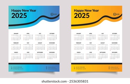 Calendar. One-page or wall calendar design. 2025 year calendar.