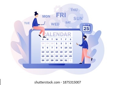 Calendar online or app. Schedule concept. Tiny people and time management, business planning, timetable.  Modern flat cartoon style. Vector illustration on white background