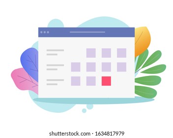 Calendar online on website as electronic or digital internet event reminder icon vector flat cartoon, illustrated months agenda web bowser window with holiday or important date or appointment modern svg