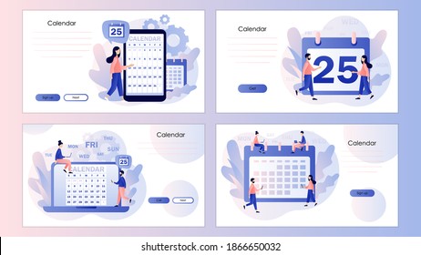 Calendar online. Schedule concept. Time management, business planning. Screen template for mobile smart phone, landing page, template, ui, web, mobile app, poster, banner, flyer. Vector illustration 