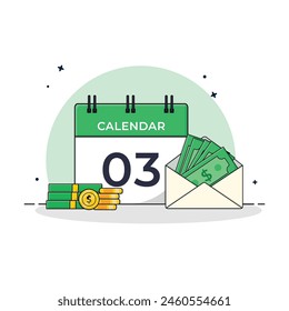 Calendar and Open Envelop with Money Vector Illustration. Payday Concept Design.