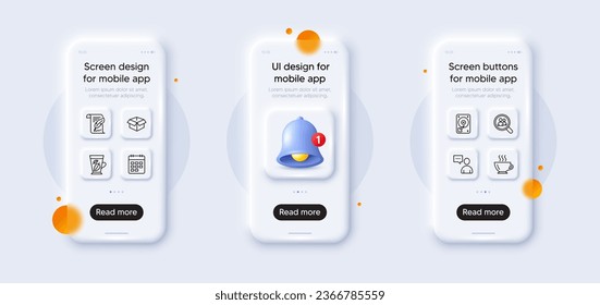 Calendar, Opened box and Feather line icons pack. 3d phone mockups with bell alert. Glass smartphone screen. Users chat, Coffee, Search employees web icon. Hdd, Mint leaves pictogram. Vector