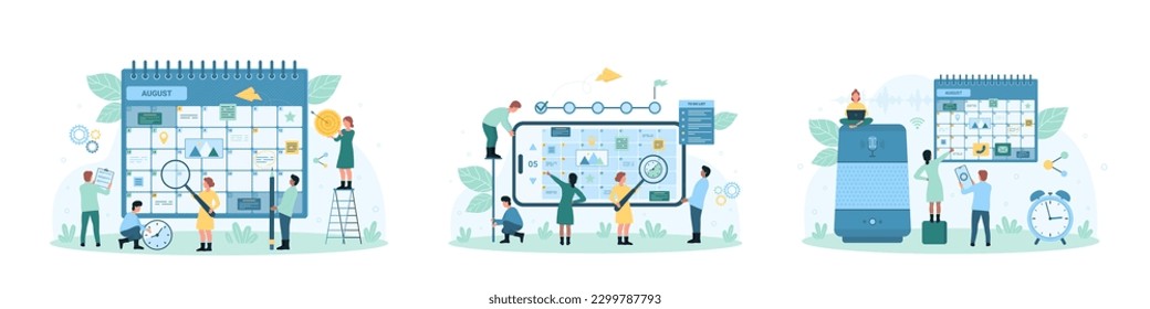 Ilustración vectorial del conjunto de optimización del calendario. Viñetas de caricatura con lupa, reloj y trabajo telefónico con cronograma de citas y cronología en organizadores, eventos de planes y reuniones de negocios