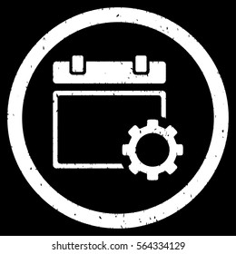 Calendar Options grainy textured icon inside circle for overlay watermark stamps. Flat symbol with dust texture.