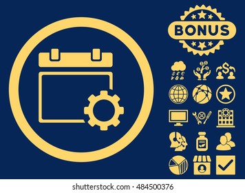 Calendar Options icon with bonus elements. Vector illustration style is flat iconic symbols, yellow color, blue background.