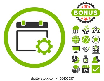 Calendar Options icon with bonus pictogram. Vector illustration style is flat iconic bicolor symbols, eco green and gray colors, white background.