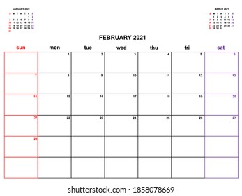 Calendar and organizer planner for February 2021