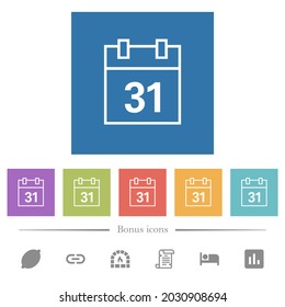 Calendar outline flat white icons in square backgrounds. 6 bonus icons included.