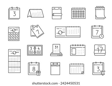 Iconos de esquema de calendario, páginas de fecha de calendario de recordatorio y organizador del planificador, pictograma de aplicación vectorial. Iconos de línea delgada del calendario del plan de tiempo o del recordatorio del día de la fecha del evento, agenda del calendario del mes y del año