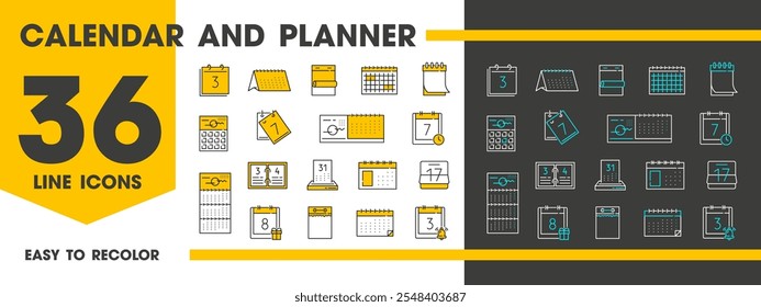 Calendar outline icons of schedule date pages and reminder notification, vector pictograms. Calendar or planner organizer line icons of event date day and time, plan for month, week and year agenda