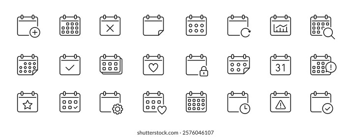 Calendar outline icons set. Organizer, calendar collection icons. Reminder icons, signs, symbols. Stock vector collection