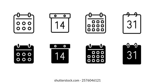 Calendar outline icons set. Organizer, calendar filled collection icons. Reminder solid signs, symbols. Stock vector collection