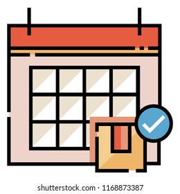 Calendar with package box and check mark icon vector illustration in line color design