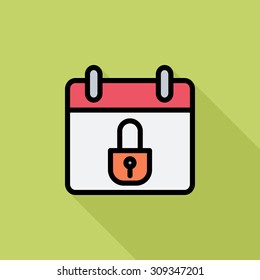 Calendar with padlock icon. Flat vector related icon with long shadow for web and mobile applications. It can be used as - logo, pictogram, icon, infographic element. Vector Illustration.