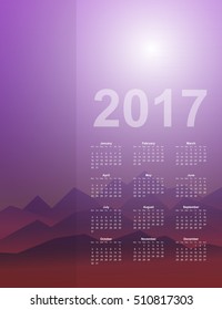 Calendar page, 2017 year, vector template. Week starts at Monday. Poster with mountain background