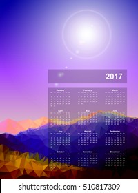 Calendar page, 2017 year, vector template. Week starts at Monday. Poster with mountain background