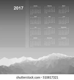 Calendar page, 2017 year, vector template. Week starts at Monday. Poster with mountain background, black and white