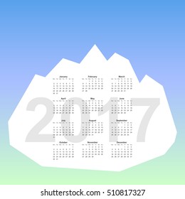 Calendar page, 2017 year, vector template. Week starts at Monday. Poster with mountain background