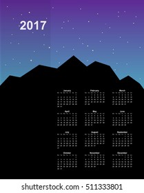 Calendar page, 2017 year, vector template. Week starts at Monday. Poster with mountain background
