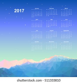 Calendar page, 2017 year, vector template. Week starts at Monday. Poster with mountain background