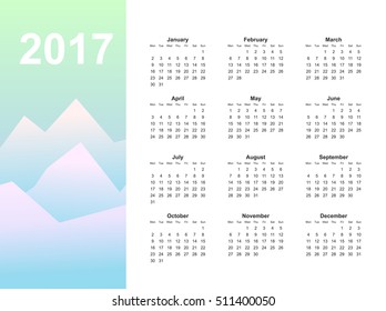 Calendar page, 2017 year, vector template. Week starts at Monday. Poster with mountain background