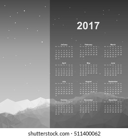Calendar page, 2017 year, vector template. Week starts at Monday. Poster with mountain background, black and white