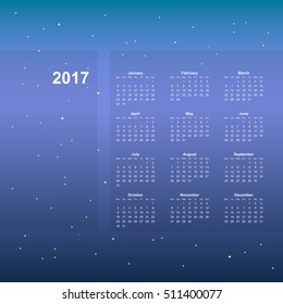Calendar page, 2017 year, vector template. Week starts at Monday. Poster with night sky background