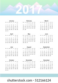 Calendar page, 2017 year, vector template. Week starts at Monday. Poster with mountain background