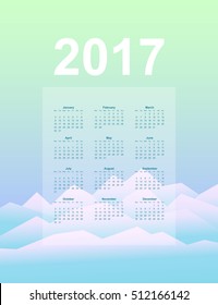 Calendar page, 2017 year, vector template. Week starts at Monday. Poster with mountain background
