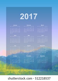 Calendar page, 2017 year, vector template. Week starts at Monday. Poster with mountain background