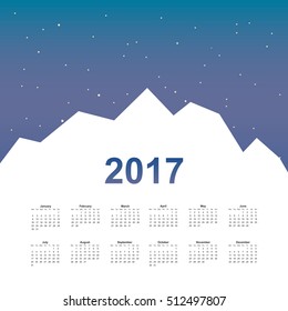 Calendar page, 2017 year, vector template. Week starts at Monday. Poster with mountain background