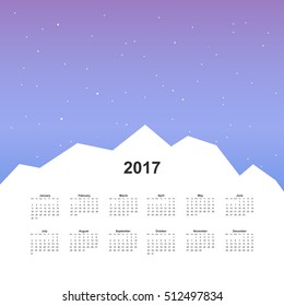 Calendar page, 2017 year, vector template. Week starts at Monday. Poster with mountain background