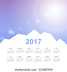 Calendar page, 2017 year, vector template. Week starts at Monday. Poster with mountain background