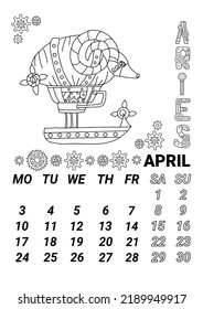 Calendar page 2023 april in steampunk style. Illustration of the zodiac sign aries in the form of a fabulous steampunk-style airship decorated with gears.   doodle style.