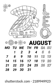 Calendar page 2023 august in steampunk style. Illustration of the zodiac sign leo in the form of a fabulous steampunk-style airship decorated with gears.   doodle style.