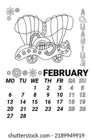 Calendar page 2023  february in steampunk style. Illustration of the zodiac sign Aquarius in the form of a fabulous steampunk-style airship decorated with gears.   doodle style.