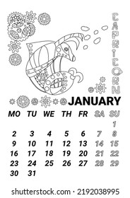 Calendar page 2023 January in steampunk style. Illustration of the zodiac sign Capricorn in the form of a fabulous steampunk-style airship decorated with gears.   doodle style.